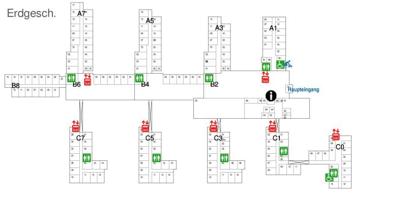 Kennzeichnung Gebäudeteile, WC, Aufzüge u. a.