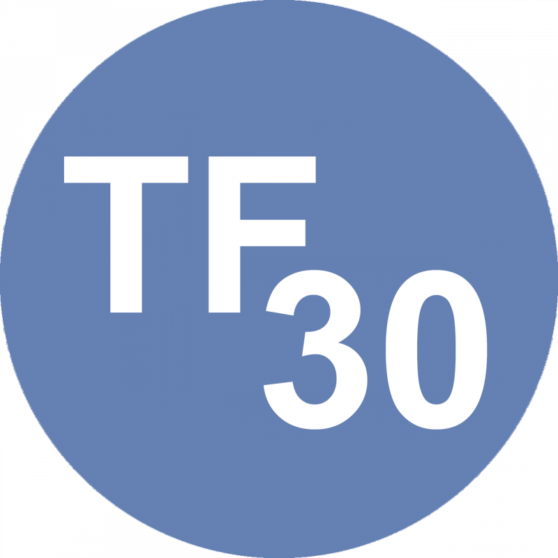 Symbol 30 Jahre TF, blauer Hintergrund, Aufschrift TF 30