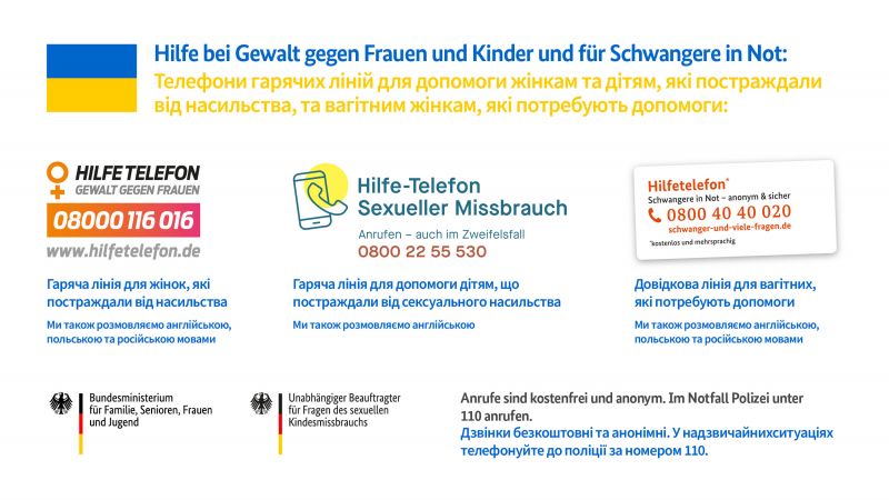 Gewalt gegen Frauen: 08000 116 016; sex. Missbrauch: 0800 22 55 530; Schwangere in Not: 0800 40 40 020