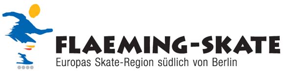 Logo der Flaeming-Skate: stilisierter Skater, Schriftzug Flaeming-Skate Europas Skate-Region südlich von Berlin